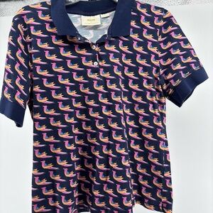 Maeve Anthropologie Polo Shirt with Multicolor Bird Pattern